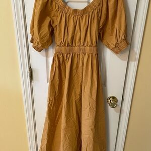 Free People Dress XS Camel Prairie Cottagecore Puff Sleeve Open Back 🌾✨